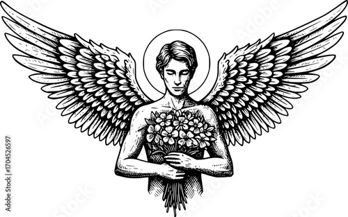 Intricate engraved illustration of Man wear wing with halo holding bouquet flower Vector Black and White Illustration
