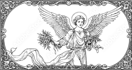 Intricate engraved illustration of Man wear wing with halo holding bouquet flower Vector Black and White Illustration
