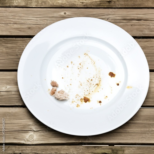 A single, clean white plate with only a few scattered remnants of a recently enjoyed, delicious meal, evoking a sense of satisfaction and lingering flavor.