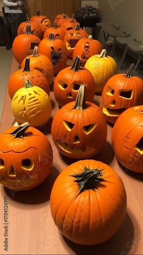 A vibrant pumpkin carving contest features a long table showcasing a dozen creatively decorated entries, highlighting autumn artistry and festive Halloween spirit.