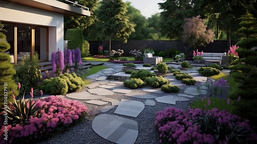 Fototapeta premium Serene backyard retreat with a modern house, lush greenery and flowering plants providing a