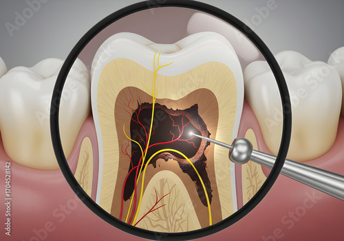 Detailed medical illustration of a tooth with a cavity, highlighting the internal structure and the process of root canal treatment with a dental tool.