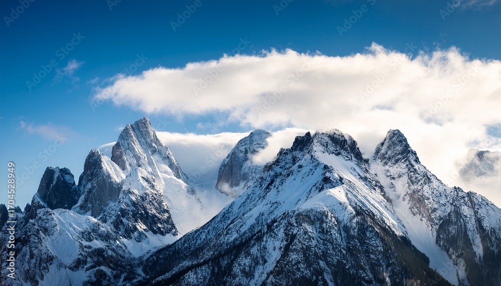 Obraz premium A Mountain Range Covered In Snow And Clouds The Sky Is Blue And The Clouds Are White The Mountain Range Is Very Tall And Majestic