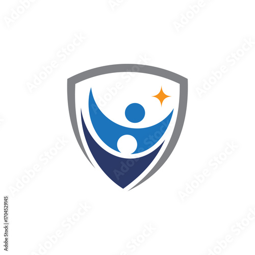 Shield logo with two people and star element, Protection and care icon, education and achievement symbol