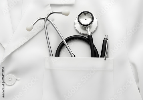 A detailed shot showcases a stethoscope and a pen neatly placed inside a white coat pocket, representing medical tools and the medical profession.