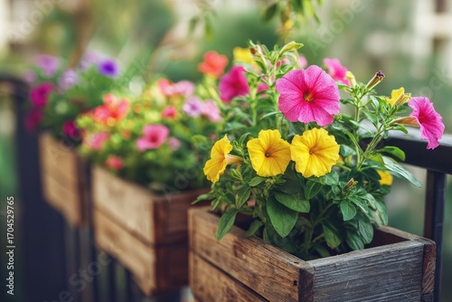 Wallpaper Mural Colorful flowers in wooden planter boxes on a balcony. Torontodigital.ca