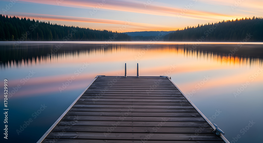 Fototapeta premium Serene lake at dawn with a wooden dock reflecting the colorful sky and surrounding forest.