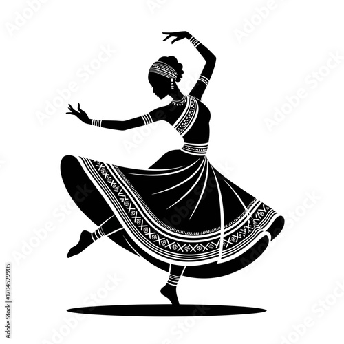 Indian classical dancer silhouette in traditional costume illustration