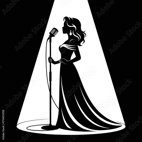 Elegant Female Singer Silhouette with Vintage Microphone in Flowing Dress