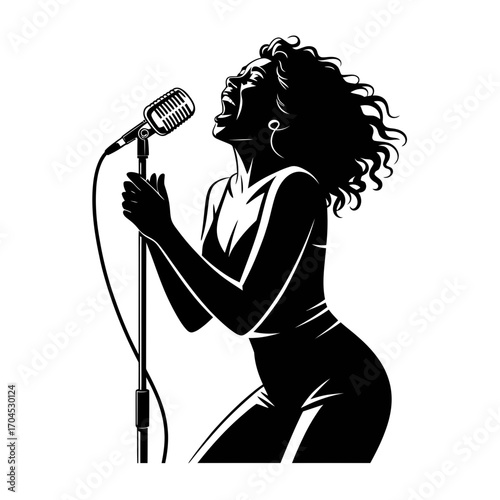 Passionate female singer silhouette performing with vintage microphone