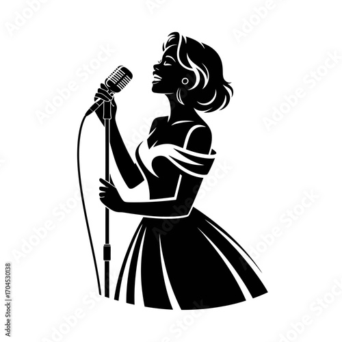 Elegant female singer silhouette performing with vintage microphone