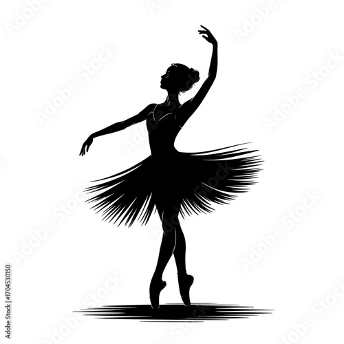 Elegant ballerina silhouette dancing on pointe with flowing dress