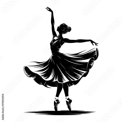 Elegant ballerina silhouette dancing on pointe with flowing dress