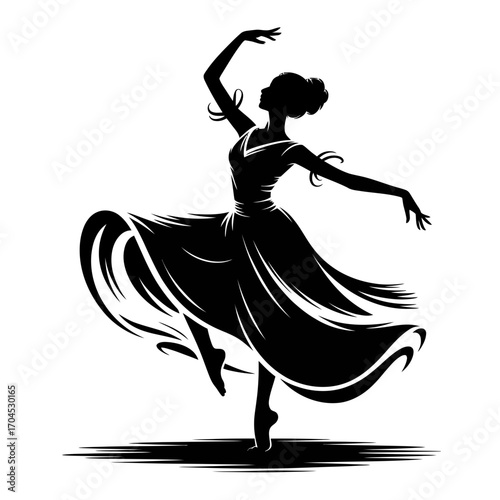 Elegant ballerina dancer silhouette in flowing dress illustration