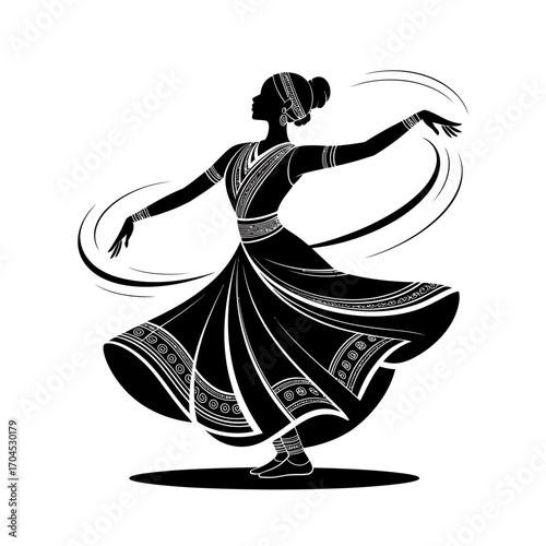 Indian classical dancer silhouette in traditional costume illustration