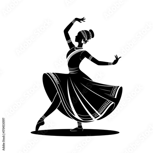 Indian classical dancer silhouette in traditional costume illustration