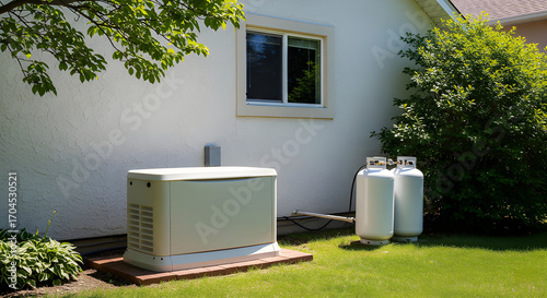 Backup generator system installed beside a house.
