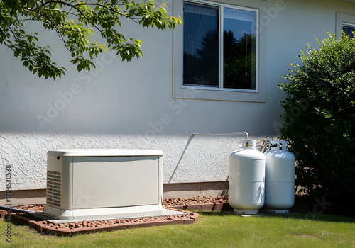 A residential backup generator is set up on a grassy lawn next to a house, with propane tanks providing fuel for power during outages. The scene is captured on a sunny day.