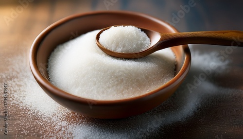 Granulated Sugar In A Brown Bowl Spoon Closeup Still Life Photography Sweetener Ingredient Food Product