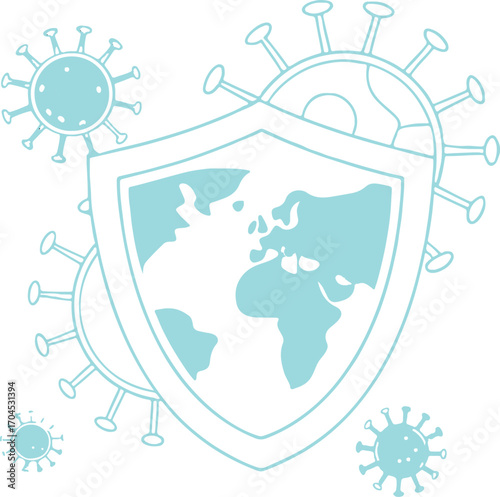 Shield protecting Earth from viruses with light blue outline