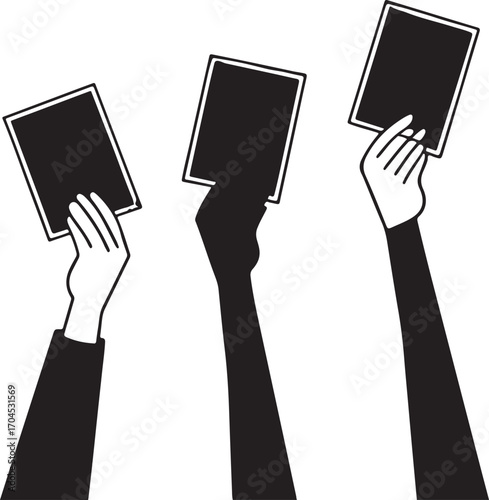 Three hands holding blank cards in black and white