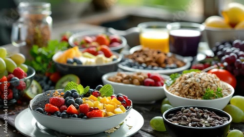 Colorful assortment of breakfast foods featuring various healthy options such as yogurt, granola, mixed fruits, nuts and seeds.