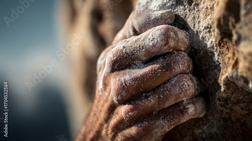 Closeup climber hands rock climbing