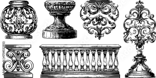 Decorative art deco balconies and elements in engraving style for design projects