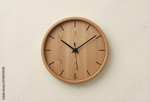 Minimal Wooden Wall Clock with Black Hands  
Natural Timepiece Design on Neutral Background
