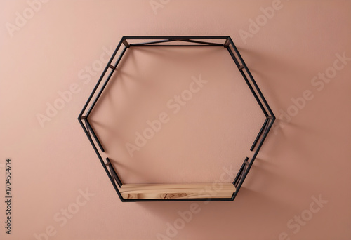 Hexagonal Wall Shelf with Black Frame and Wood Base  
Minimalist Geometric Decor on Matte Pink Background
