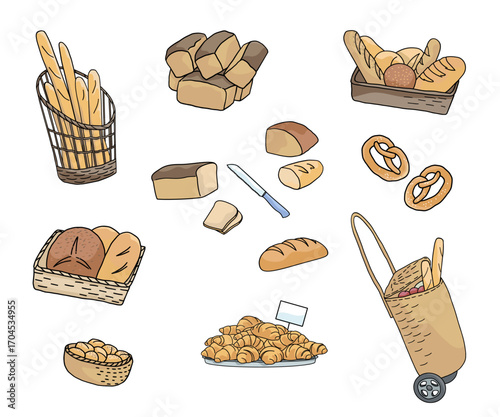 Original hand-drawn vector illustration of assorted bread types