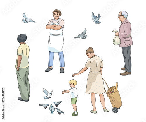 standing isolated peoples shopping at a farmer's market, senior man with paper bag , African American man, woman with grocery cart, vendor with apron, boy feeding pigeons