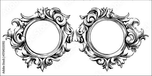 Elegant art nouveau circular ornaments in engraving style for decorative design
