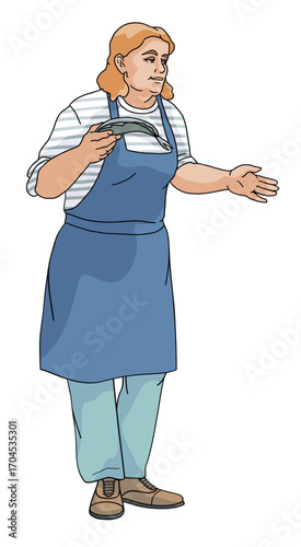 Standing women vendor with fish in her hands