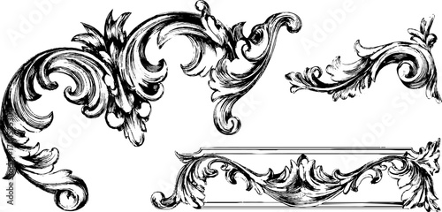 Intricate decorative baroque ornaments in engraving style for design projects