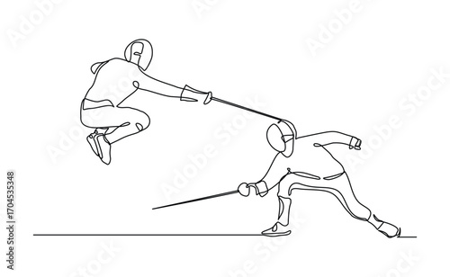 Continuous line sketch drawing of fencer athlete fighting with sword rapier and safety helmet costume. Sport competition editable stroke vector illustration