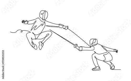 Continuous line sketch drawing of fencer athlete fighting with sword rapier and safety helmet costume. Sport competition editable stroke vector illustration