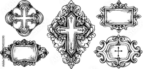 Ornate byzantine cross designs in engraving style for decorative crafts and religious art