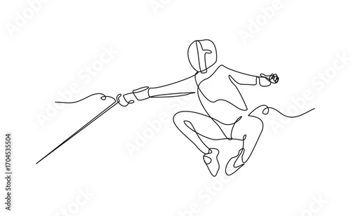 Continuous line sketch drawing of fencer athlete fighting with sword rapier and safety helmet costume. Sport competition editable stroke vector illustration