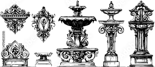 Decorative set of chinese dragon and fou lions in engraving style for design and decor