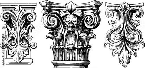 Decorative engraving style capitals set for architectural design and historical ornamentation
