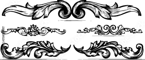 Engraving style decorative set with dolphin shaped elements for vintage design and ornamentation