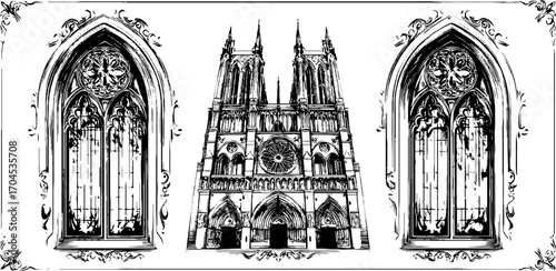 Gothic cathedral decorative elements in engraving style for design