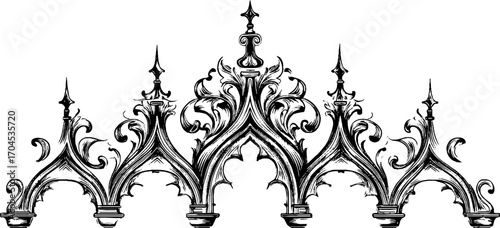 Gothic cathedral decorative design in engraving style for vintage art projects