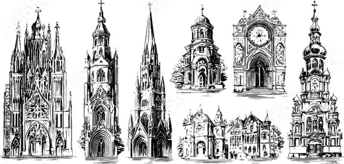 Intricate gothic cathedral engravings set for artistic and decorative use