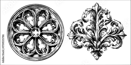 Gothic rose window and flourish design for decorative art and architecture