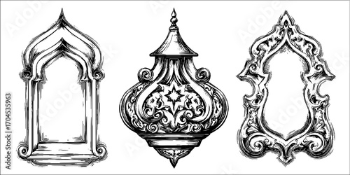 Engraving style set of decorative islamic motifs for design and ornamentation