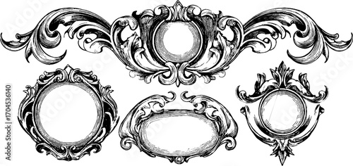 Vintage engraving style decorative laurel wreath and medallion set for design