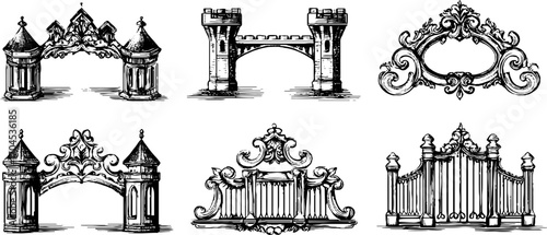 Decorative medieval drawbridge and gate set in engraving style for design and prints