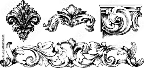Ornate decorative set with lotus rosettes in engraving style for design